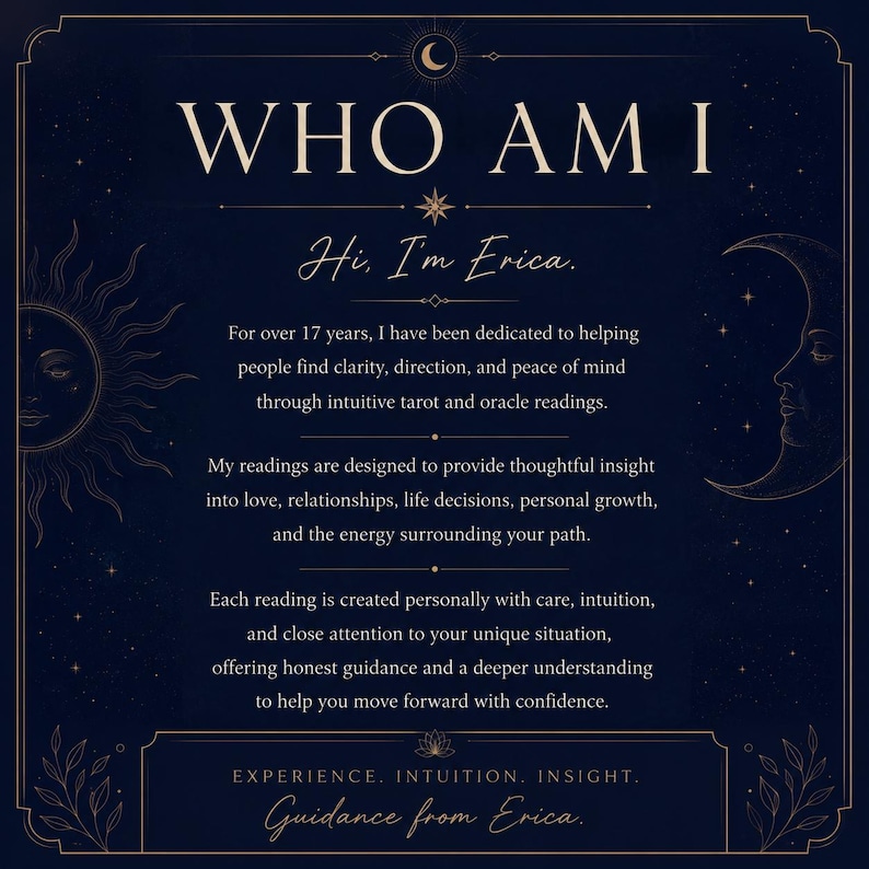 May include: Dark blue graphic with the text "WHO AM I" and "Hi, I'm Erica." The image includes a sun and moon illustration, along with text about tarot and oracle readings, offering guidance and insight.
