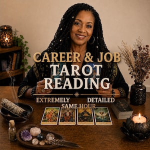 May include: A woman holding tarot cards with the text "CAREER & JOB TAROT READING." The image includes tarot cards, crystals, a candle, and the words "EXTREMELY DETAILED SAME HOUR."
