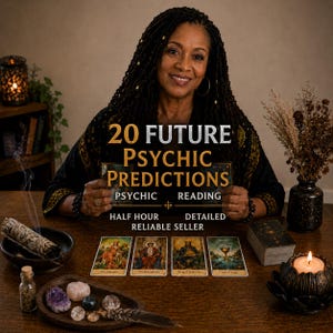 Könnte beinhalten: Eine Frau hält ein Schild mit dem Text "20 FUTURE PSYCHIC PREDICTIONS". Tarotkarten, Kristalle und eine brennende Kerze liegen auf einem Holztisch. Der Text enthält auch "Psychic Reading", "Half Hour", "Detailed" und "Reliable Seller".