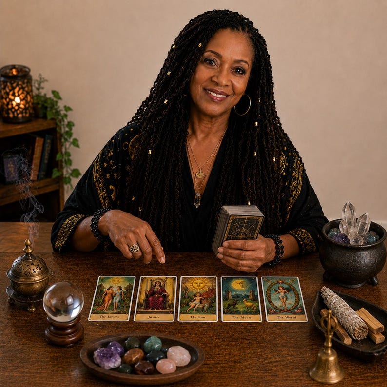 May include: A woman with long, dark braids sits at a wooden table, holding a deck of tarot cards. Five tarot cards are displayed, featuring illustrations. A crystal ball, crystals, and incense are also on the table, creating a mystical atmosphere.