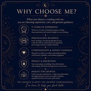 May include: Dark blue graphic with gold accents and text: "WHY CHOOSE ME?" and bullet points about experience, personalized readings, guidance, privacy, and insight. Decorative celestial elements frame the text.
