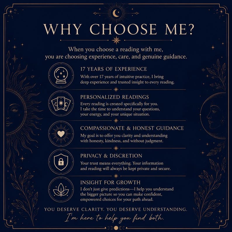 May include: Dark blue graphic with gold accents and text: "WHY CHOOSE ME?" and bullet points about experience, personalized readings, guidance, privacy, and insight. Decorative celestial elements frame the text.