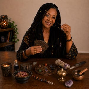 May include: A woman with long black braids holds tarot cards and a crystal pendulum. A table displays various spiritual items: crystals, a singing bowl, a wand, a candle, and a bundle of sage. The scene evokes a sense of mysticism and divination.
