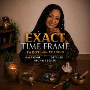 May include: An image featuring a woman with long braids, smiling, with the text "EXACT TIME FRAME TAROT READING." The scene includes a lit candle, incense, crystals, and a small decorative box, suggesting a spiritual or divination theme.