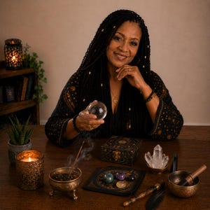 May include: A woman with long black braids holds a crystal ball, seated at a wooden table. Various items are arranged, including a lit candle, incense, crystals, a decorative box, and a singing bowl, suggesting a spiritual or mystical theme.