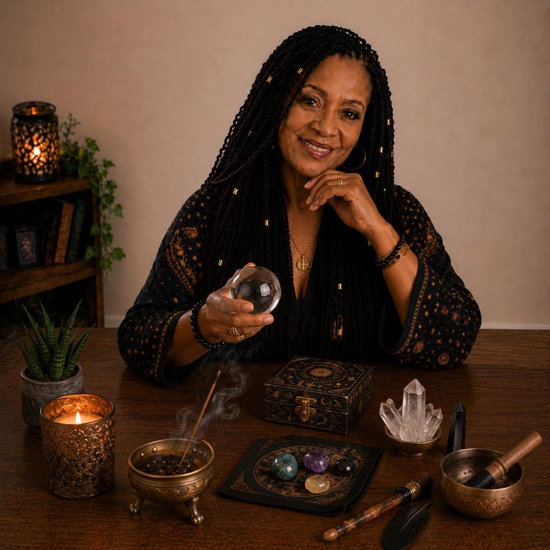 May include: A woman with long black braids holds a crystal ball, seated at a wooden table. Various items are arranged, including a lit candle, incense, crystals, a decorative box, and a singing bowl, suggesting a spiritual or mystical theme.