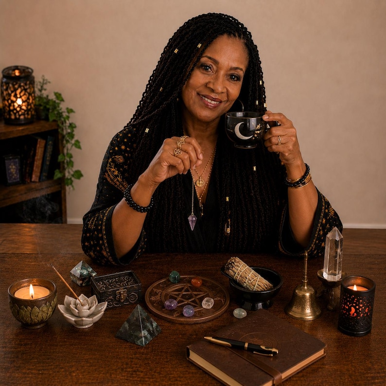 May include: A woman holding a black mug with a crescent moon design, surrounded by spiritual items. A pendulum, crystals, a candle, and a journal are on a wooden table. The scene evokes a sense of mysticism and divination.