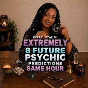 May include: A black ceramic mug with a crescent moon design, a brass bell, a clear crystal point, a dark leather-bound journal with a black pen, two candle holders with lit candles, and a lotus-shaped incense holder on a wooden table.