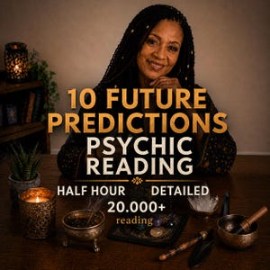 Può includere: Un'immagine che promuove un servizio di lettura psichica. Il testo recita "10 Previsioni Future Lettura Psichica" con dettagli: "Mezz'ora Dettagliata 20.000+ letture". L'immagine include una donna, candele, cristalli e una ciotola tibetana.