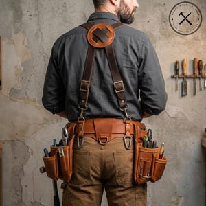 May include: A tan leather tool belt with adjustable suspenders featuring a circular back connector, multiple storage pouches, and metal hardware. The belt is worn over a dark gray shirt and brown pants, holding various hand tools in its pockets.
