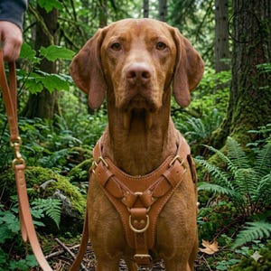 May include: A brown dog wearing a tan leather harness and leash stands in a forest. The dog has short brown fur and is looking directly at the camera. The harness has brass hardware.