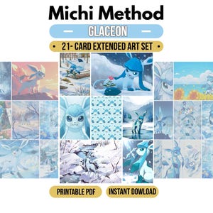 Peut inclure: Un ensemble de 21 cartes à art étendu représentant le personnage Glaceon dans divers paysages enneigés et hivernaux. La collection comprend plusieurs illustrations de la créature bleu clair aux grands yeux, présentées en grille avec le texte Michi Method.