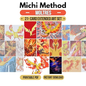 Peut inclure: Un ensemble de 21 cartes à art étendu représentant l'oiseau légendaire Moltres dans divers styles artistiques. La collection présente des illustrations variées de la créature de type feu jaune et orange. Le texte inclut Michi Method, Moltres, 21-Card Extended Art Set, Printable PDF et Instant Download.