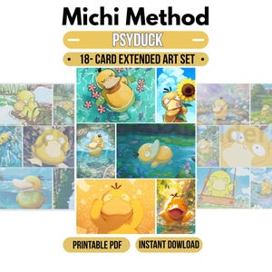 Könnte beinhalten: Ein Michi Method Psyduck 18-Karten-Set mit erweiterter Kunst, das verschiedene Illustrationen der gelben, entenähnlichen Kreatur in unterschiedlichen Außenumgebungen zeigt. Die Sammlung enthält Textetiketten für druckbare PDF und Sofort-Download.