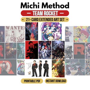 Peut inclure: Un ensemble de 21 cartes à art étendu intitulé Michi Method Team Rocket. La collection présente diverses illustrations de personnages et la lettre R en rouge, noir et blanc. Le texte inclut Michi Method, Team Rocket, 21-Card Extended Art Set, Printable PDF et Instant Download.