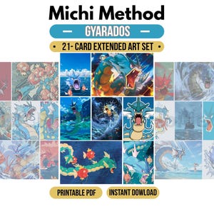 Puede incluir: Un conjunto de 21 cartas con arte extendido que muestra al personaje Gyarados en varias escenas acuáticas y de batalla. El texto Michi Method, Gyarados, 21-Card Extended Art Set, Printable PDF e Instant Download aparece en negro y oro.