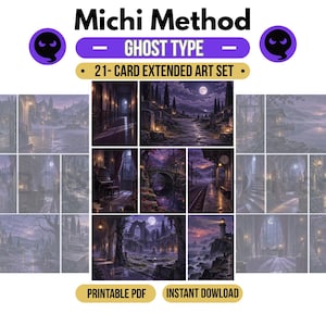 May include: A 21-card extended art set titled Michi Method Ghost Type, featuring purple and dark-toned illustrations of gothic landscapes, moonlit ruins, and mysterious interiors. The collection is presented as a printable PDF instant download.
