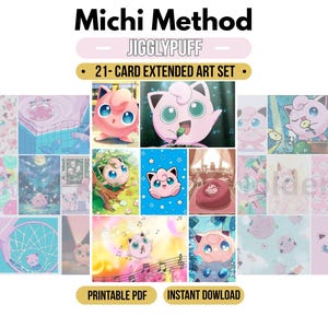 Może przedstawiać: Zestaw 21 kart z rozszerzoną grafiką przedstawiający postać Jigglypuff w różnych scenach. Widoczny jest tekst Michi Method, Jigglypuff, 21-Card Extended Art Set, Printable PDF oraz Instant Dowload. Karty prezentują różowe, niebieskie i zielone kolory.
