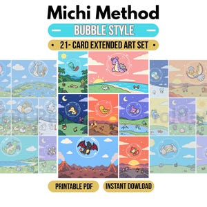Peut inclure: Un ensemble de 21 cartes à art étendu intitulé Michi Method Bubble Style, présentant diverses créatures de dessin animé enfermées dans des bulles transparentes sur des paysages colorés. La collection inclut des fichiers PDF imprimables avec des scènes variées.