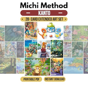 Puede incluir: Un conjunto de 28 tarjetas de arte extendido titulado Michi Method Kanto, que presenta varias ilustraciones coloridas de personajes Pokemon en diversos entornos, incluyendo bosques, jardines y escenas urbanas, como PDF imprimible.