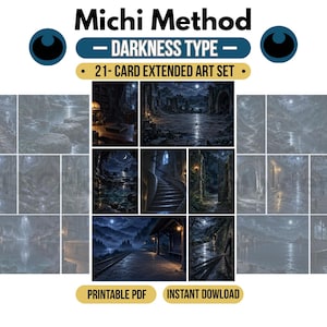 Op de afbeelding: Een Michi Method Darkness Type 21-kaarten set met uitgebreide kunst, met donkere, sfeervolle nachtscènes met maanlicht, stenen ruïnes, trappen en treinsporen. De collectie bevat diverse landschapsillustraties in een printbaar PDF-formaat.