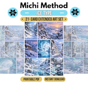 以下が含まれることがあります： Michi Method Ice Typeと題された21枚の拡張アートカードセット。雪山、凍った湖、氷の洞窟、オーロラの下の冬の小屋を描いた、印刷可能なPDFデジタルイラストレーションのコレクションです。