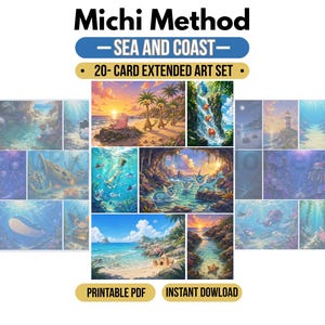 May include: A 20-card extended art set titled Michi Method Sea and Coast, featuring various coastal and underwater scenes with creatures, beaches, shipwrecks, and lighthouses. The collection is presented as a printable PDF instant download.