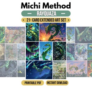 May include: A 21-card extended art set titled Michi Method Rayquaza, featuring various illustrations of the green serpentine creature in different environments, including skies, forests, and cosmic backgrounds, presented as a printable PDF.