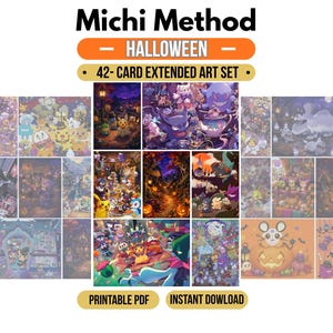 Peut inclure: Un ensemble de 42 cartes à collectionner sur le thème d'Halloween représentant divers personnages de dessins animés dans des décors festifs. Le texte Michi Method, Halloween, 42-Card Extended Art Set, Printable PDF et Instant Download est visible.
