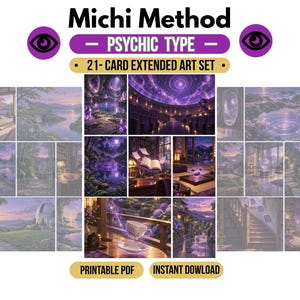 Peut inclure: Un ensemble de 21 cartes à art étendu intitulé Michi Method Psychic Type, présentant des illustrations aux tons violets de paysages, d'intérieurs et d'éléments magiques. Inclut un PDF imprimable et un texte de téléchargement instantané.