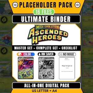 May include: A digital product display for a trading card binder set titled Mega Evolution Ascended Heroes. It includes 16 files in colour, ink saver, and no image formats, featuring a Mega Gengar ex card graphic and text for master set checklist.