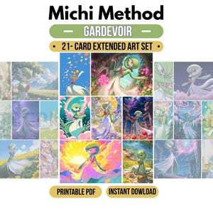 Peut inclure: Un ensemble de 21 cartes à art étendu représentant le personnage Gardevoir dans diverses scènes illustrées et colorées. Le texte Michi Method, Gardevoir, 21-Card Extended Art Set, Printable PDF et Instant Download figure sur la fiche numérique.