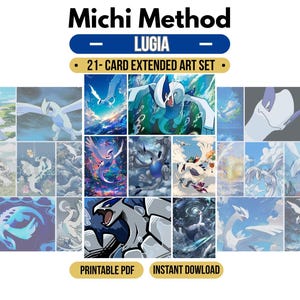Peut inclure: Un ensemble de 21 cartes à art étendu représentant le personnage Lugia dans diverses poses et décors dynamiques. La collection comprend plusieurs illustrations rectangulaires aux tons bleus, blancs et violets. Le texte indique Michi Method, Lugia, 21-Card Extended Art Set, Printable PDF et Instant Download.