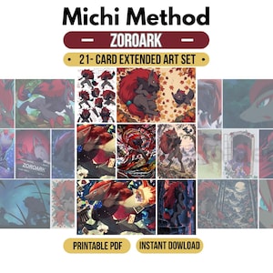 Peut inclure: Un ensemble de 21 cartes à art étendu représentant le personnage Zoroark dans diverses poses et décors. La collection comprend des illustrations de la créature aux cheveux rouges et à la fourrure grise. Texte : Michi Method, Zoroark, Printable PDF.