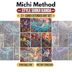 May include: A 21-card extended art set titled Michi Method Style Shinji Kanda, featuring colourful illustrations of various creatures in detailed landscapes. The text reads Michi Method, Style Shinji Kanda, 21-Card Extended Art Set, Printable PDF, Instant Download.