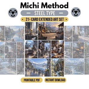 Puede incluir: Un conjunto de 21 cartas con arte extendido titulado Michi Method Steel Type, que presenta una colección de ilustraciones de fantasía con paisajes industriales, vistas de montañas y talleres mecánicos, disponible como descarga instantánea en PDF.