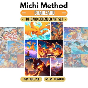Puede incluir: Un conjunto de 18 cartas con arte extendido que muestra a Charizard en varias poses y entornos dinámicos. La colección incluye ilustraciones de la criatura naranja similar a un dragón escupiendo fuego, volando y de pie. El texto dice Michi Method.