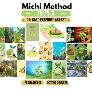 Könnte beinhalten: Ein 21-teiliges Set mit erweiterten Kunstkarten, die den Charakter Turtwig in verschiedenen Posen und Umgebungen zeigen. Die Sammlung enthält Illustrationen der grünen, schildkrötenartigen Kreatur mit einem Spross auf dem Kopf als PDF.