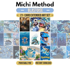 May include: A 21-card extended art set featuring the character Blastoise in various aquatic and beach settings. The collection includes multiple illustrations of the blue turtle-like creature with water cannons, presented as a printable PDF digital file.