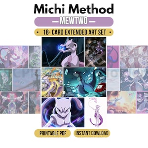 Könnte beinhalten: Ein Michi Method Mewtwo 18-Karten-Set mit erweiterter Kunst, das verschiedene Illustrationen der violetten und weißen psychischen Kreatur in unterschiedlichen dynamischen Posen und Umgebungen zeigt. Enthält ein druckbares PDF und Sofort-Download.