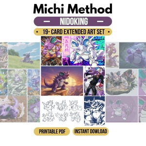 Peut inclure: Un ensemble de 19 cartes d'art étendu intitulé Michi Method Nidoking, présentant diverses illustrations de la créature violette à cornes dans différents décors, incluant un coucher de soleil, une forêt et des croquis, avec le texte Printable PDF Instant Download.