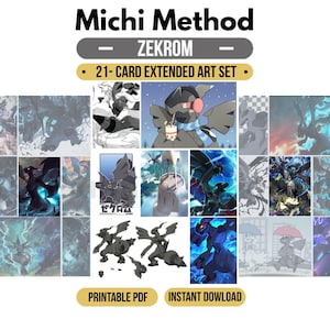 Puede incluir: Un conjunto de 21 cartas de arte extendido titulado Michi Method Zekrom, que presenta varias ilustraciones de la criatura negra similar a un dragón, Zekrom, en diferentes poses, entornos y estilos artísticos, incluyendo diseños a todo color y en escala de grises.
