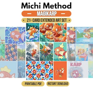 May include: A 21-card extended art set featuring the character Magikarp in various artistic styles and settings. The collection includes illustrations of the orange fish character in water, patterns, and dynamic scenes with the text Michi Method.
