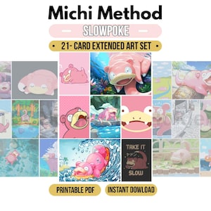 Peut inclure: Un ensemble de 21 cartes d'art étendu intitulé Michi Method Slowpoke, présentant diverses illustrations de la créature rose Slowpoke dans différents décors. La collection comprend un téléchargement instantané en PDF imprimable.