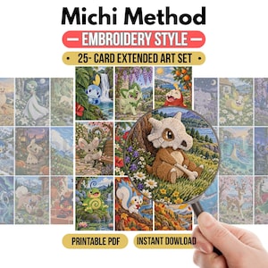 Può includere: Un set di 25 carte con arte estesa che presenta illustrazioni di varie creature in stile ricamo. Il testo recita Michi Method, Embroidery Style, 25-Card Extended Art Set, Printable PDF e Instant Dowload. Una lente d'ingrandimento mostra un Cubone.
