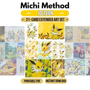Op de afbeelding: Een set van 21 kaarten met uitgebreide kunst, met het personage Jolteon in diverse gele en elektrisch gethematiseerde illustraties. De tekst luidt Michi Method, Jolteon, 21-Card Extended Art Set, Printable PDF en Instant Download.