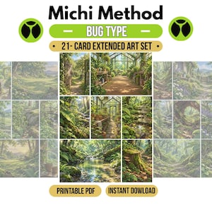 Op de afbeelding: Een 21-delige set met uitgebreide kunstkaarten genaamd Michi Method Bug Type, met een verzameling rechthoekige illustraties van weelderige kasinterieurs, bospaden, beekjes en bemoste landschappen in levendige groen- en bruintinten.