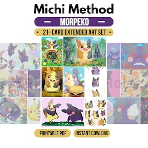 Peut inclure: Un ensemble de 21 cartes à art étendu représentant le personnage Morpeko dans diverses scènes colorées. Le texte Michi Method, Morpeko, 21-Card Extended Art Set, Printable PDF et Instant Download est visible sur l'affichage numérique des cartes.