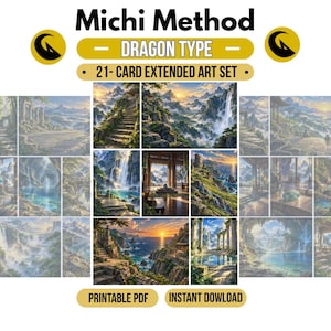 Peut inclure: Un ensemble de 21 cartes à art étendu intitulé Michi Method Dragon Type, comprenant une collection de cartes rectangulaires avec des illustrations détaillées de paysages, montagnes, cascades, temples et couchers de soleil en format PDF.