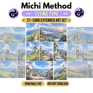 Peut inclure: Un ensemble de 21 cartes à art étendu intitulé Michi Method Flying Type. La collection présente diverses illustrations de paysages, dont des falaises côtières, un moulin à vent, un phare et des collines herbeuses sous un ciel bleu nuageux. Texte : Printable PDF et Instant Download.